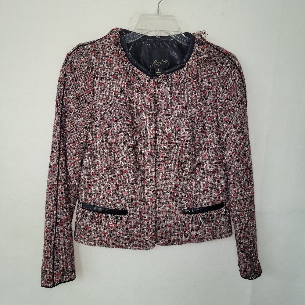 McGinn Textured Tweed Fringe Collarless Jacket Women‎ Size 8 Black Red White